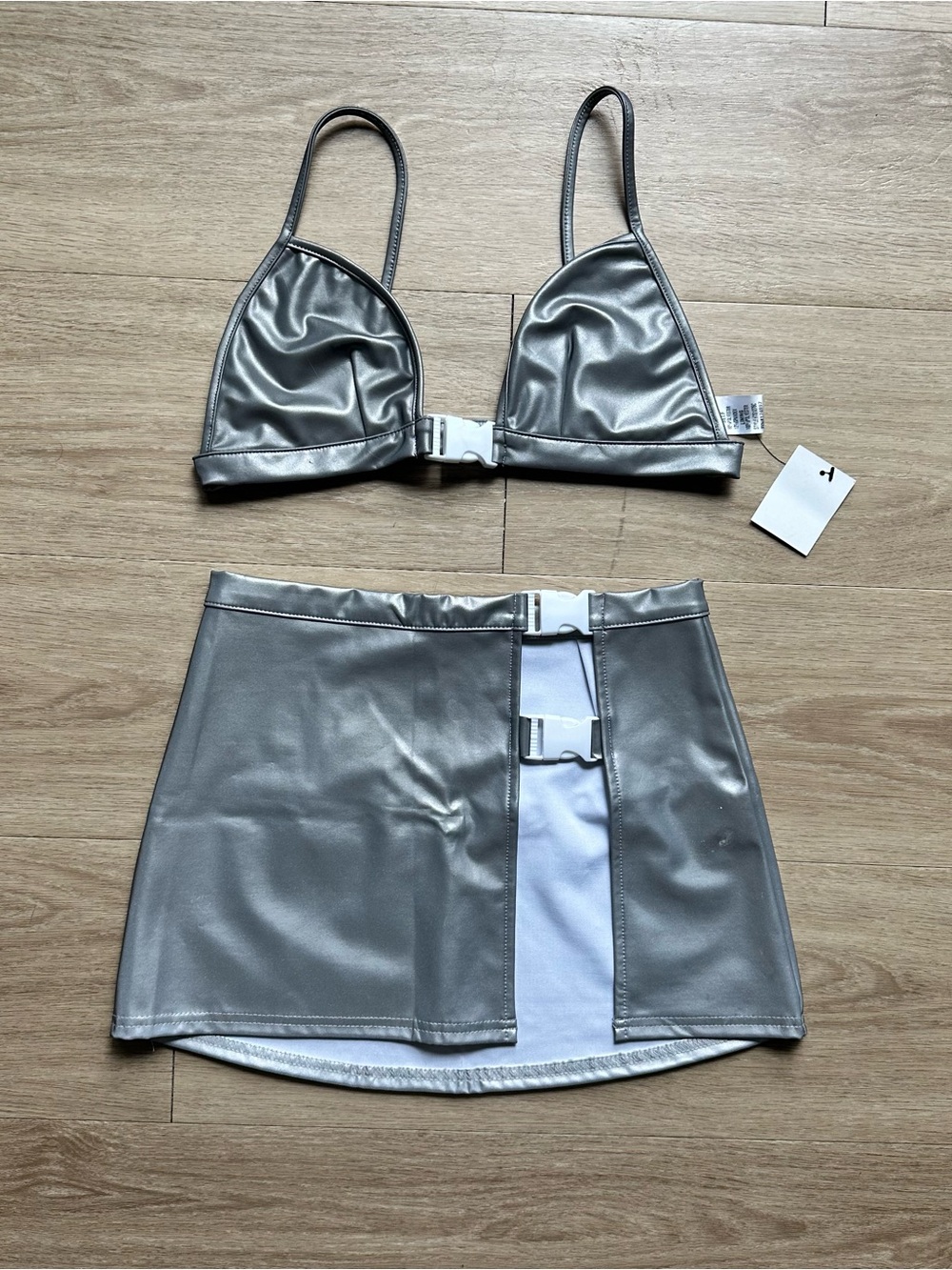 NWT iHeartRaves Silver Reflective Two-Piece Buckle Set - Crop Top & Mini Skirt